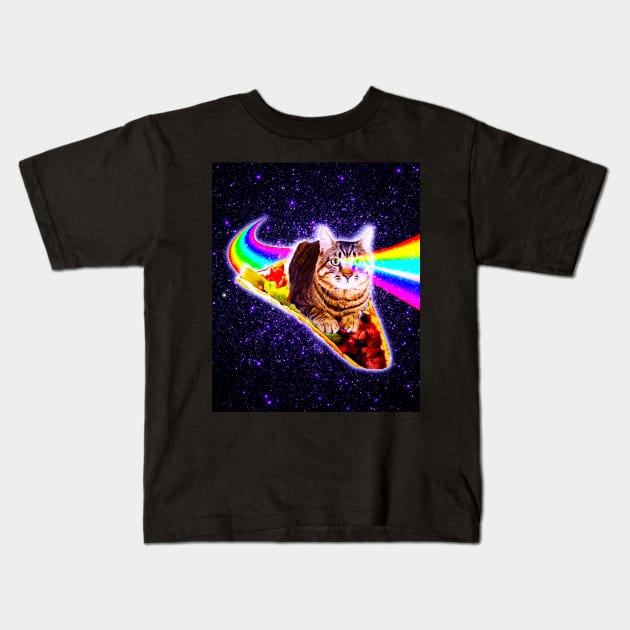 Rainbow Laser Eyes Galaxy Cat Riding Taco Kids T-Shirt by Random Galaxy